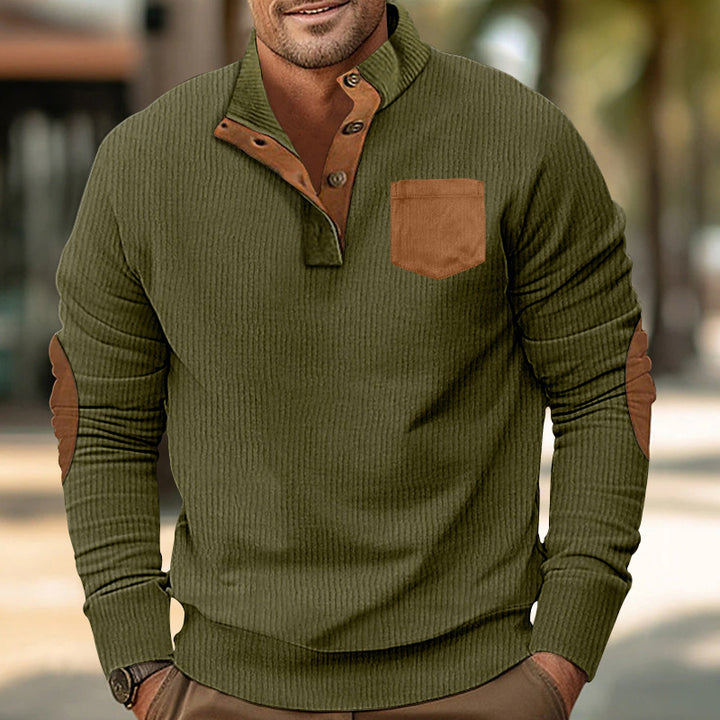 Herren eleganter Strickpullover mit Knopfleiste und kontrastierenden Ellbogenpatches Drune