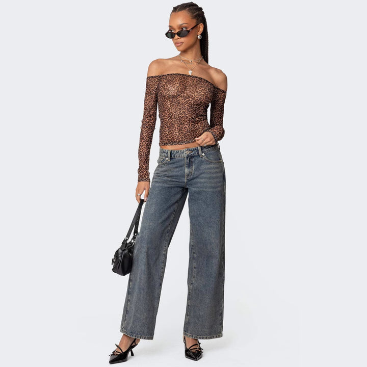 Damen Off-Shoulder Langarmshirt mit Leopardenmuster Drune
