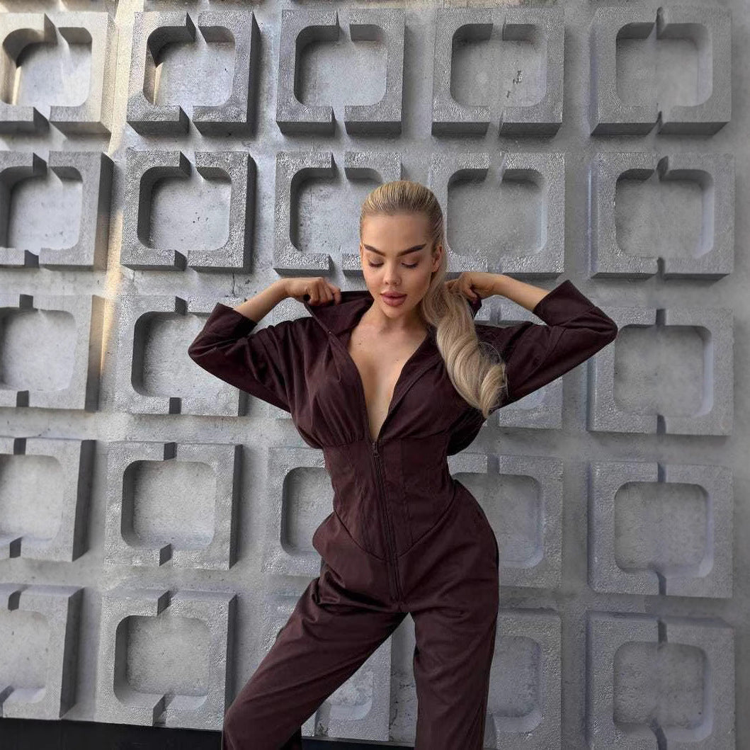Damen Jumpsuit mit tiefem Ausschnitt und Kapuze Drune