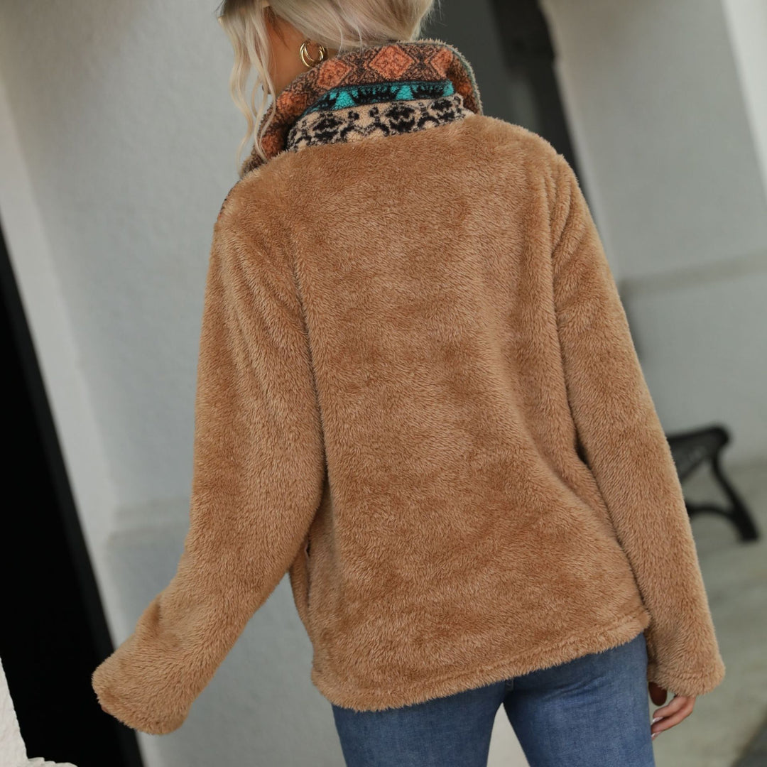 Damen Fleece-Pullover mit dekorativem Reißverschluss und modernem Muster Drune