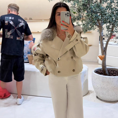 Damen elegante Übergangsjacke mit luxuriösen Fellkragen Drune