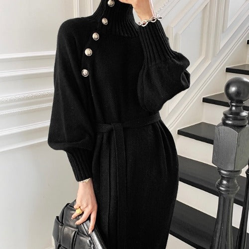 Damen Elegantes Strickkleid mit modischem Hochausschnitt und dekorativen Knöpfen Drune