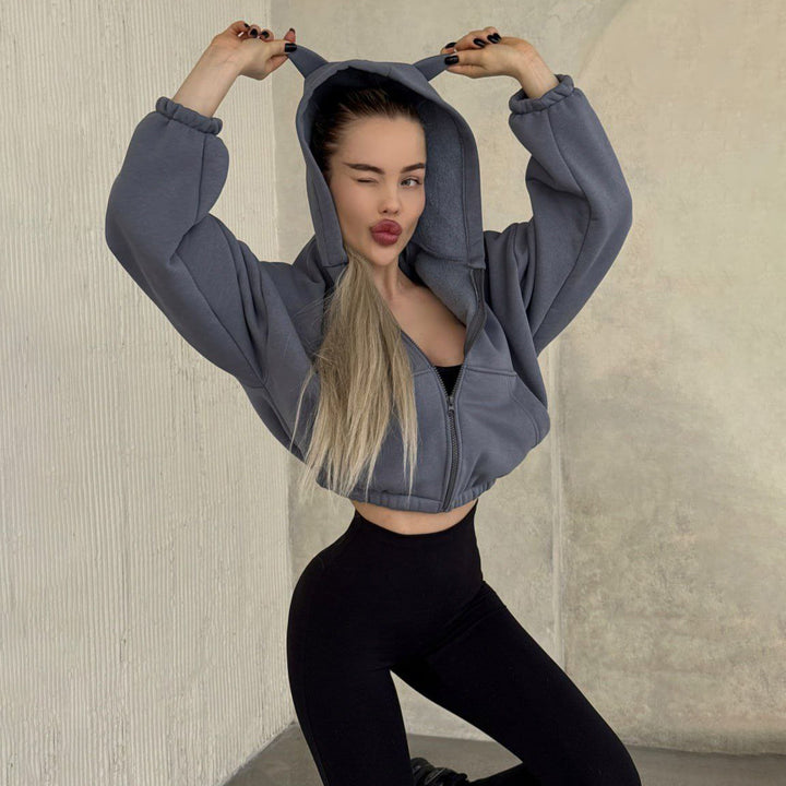 Damen cropped Kapuzenjacke mit einzigartigem Ohren-Design Drune
