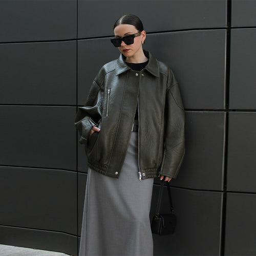 Damen Lederjacke mit lässigem Oversized-Schnitt Drune