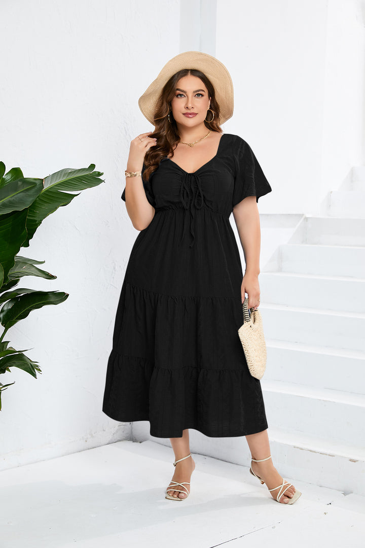 Damen Sommerliches Midikleid mit schmeichelndem Taillenzug und luftigen Ärmeln Drune