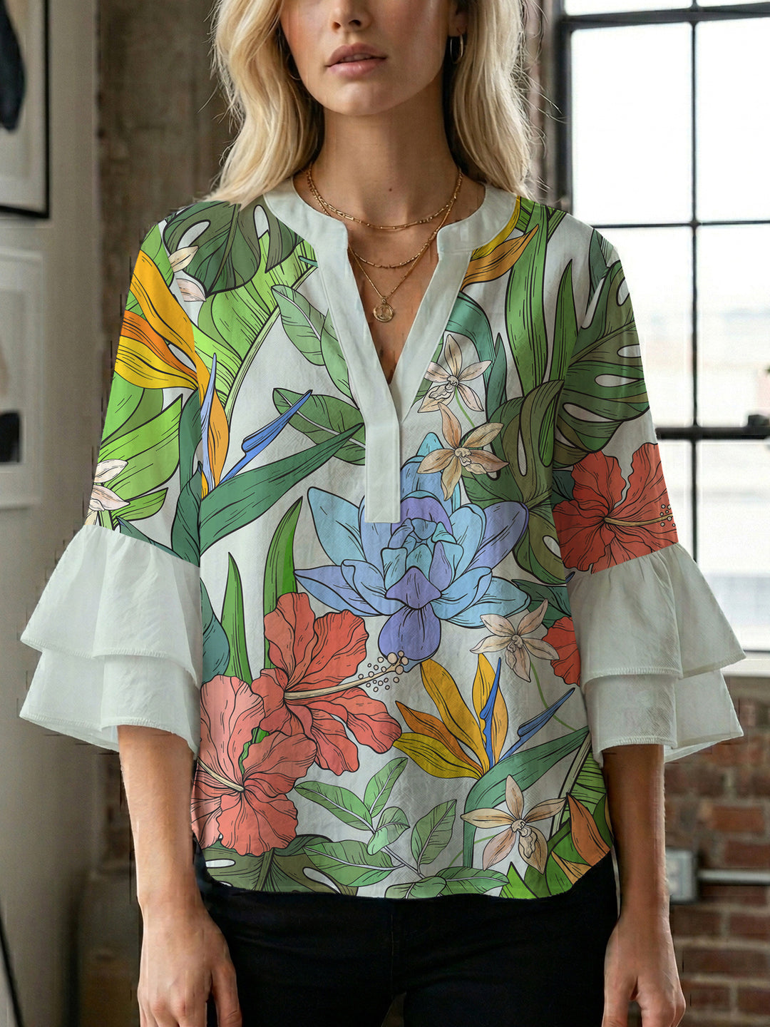 Damen elegantes Blusenshirt mit voluminösen Rüsenärmeln und grafischem Blumendesign Drune