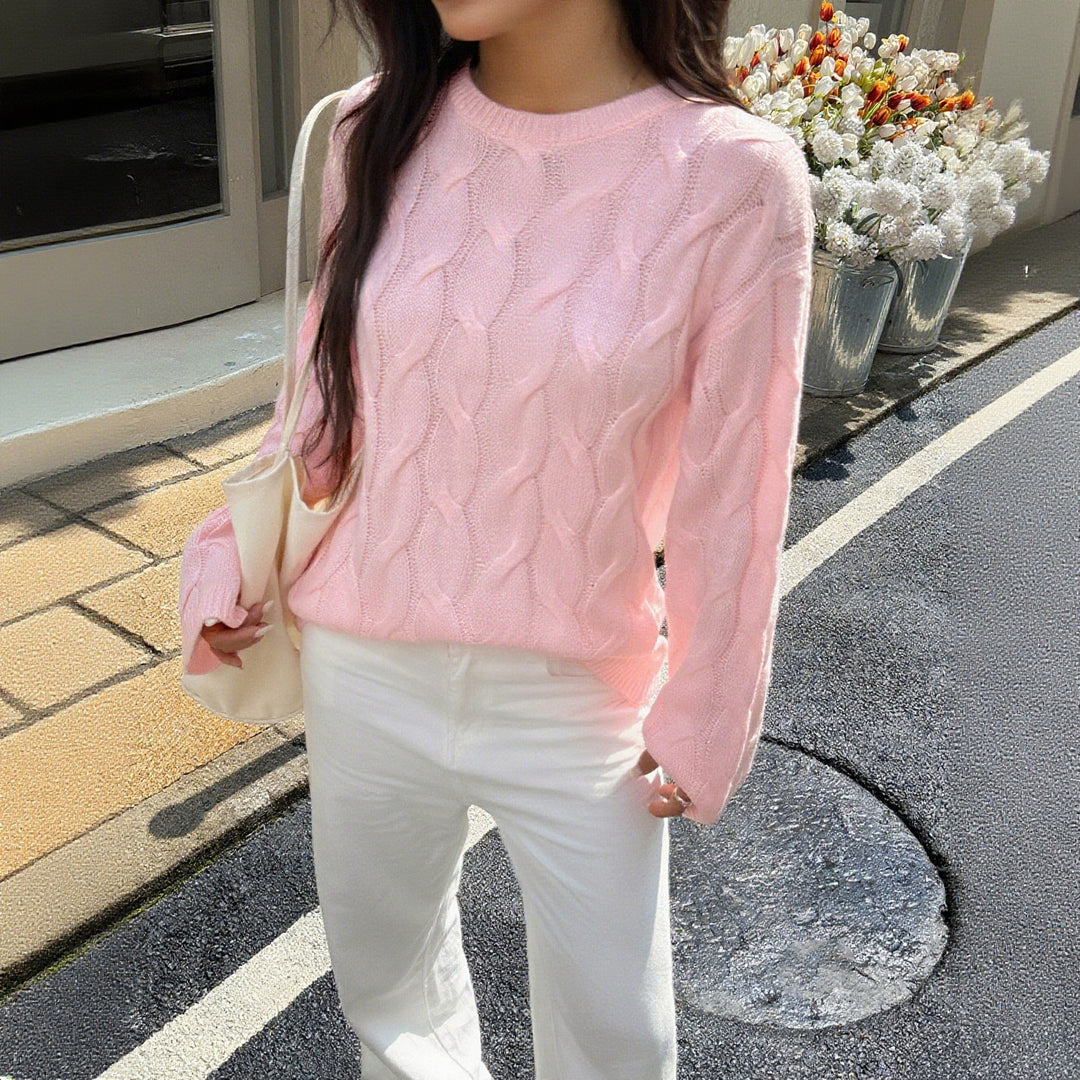 Damen nan oversized Zopfstrickpullover mit Rundhalsausschnitt und weichem Fall Drune