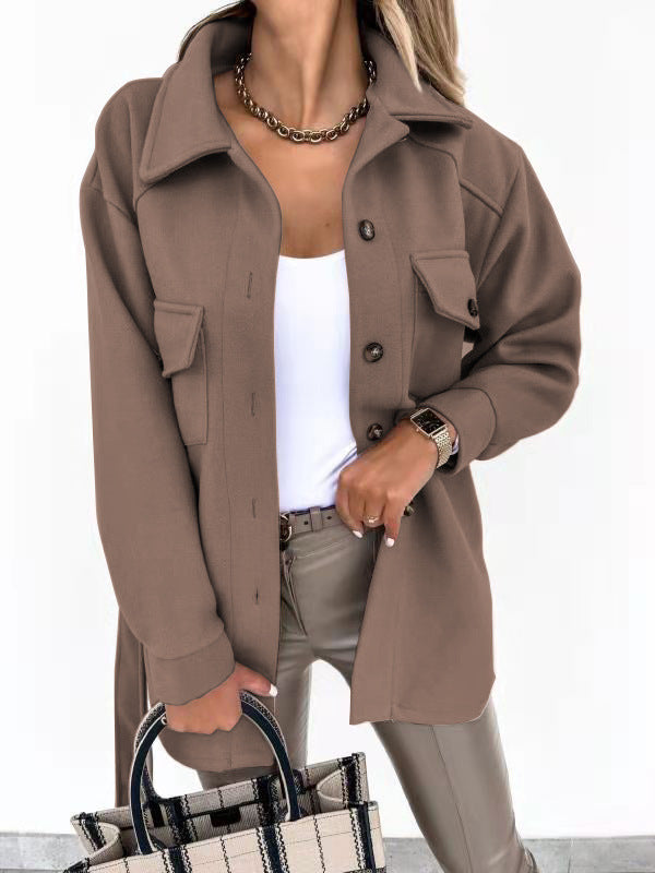 Damen Modische Overshirt-Jacke mit aufgesetzten Taschen und Knopfverschluss Drune