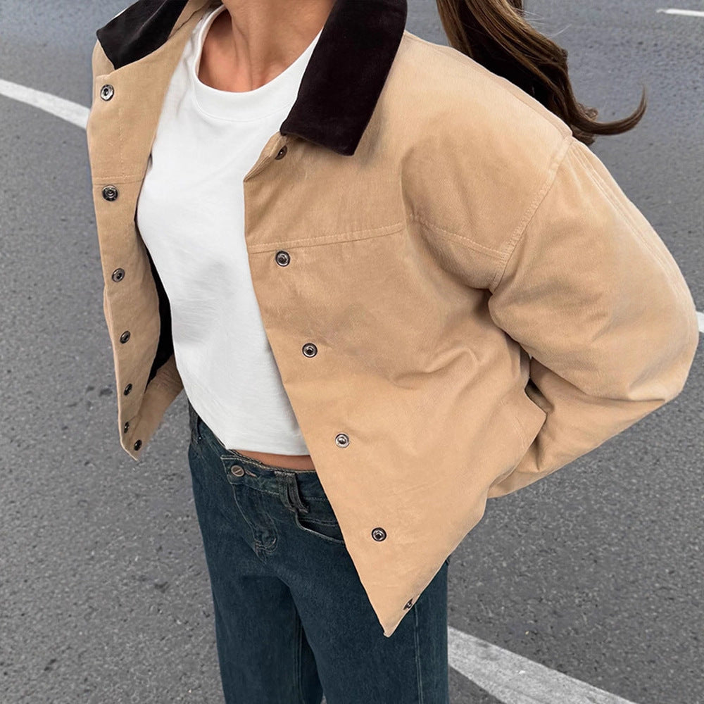 Damen modische Oversized-Jacke mit Samtkragen und Druckknopfverschluss Drune