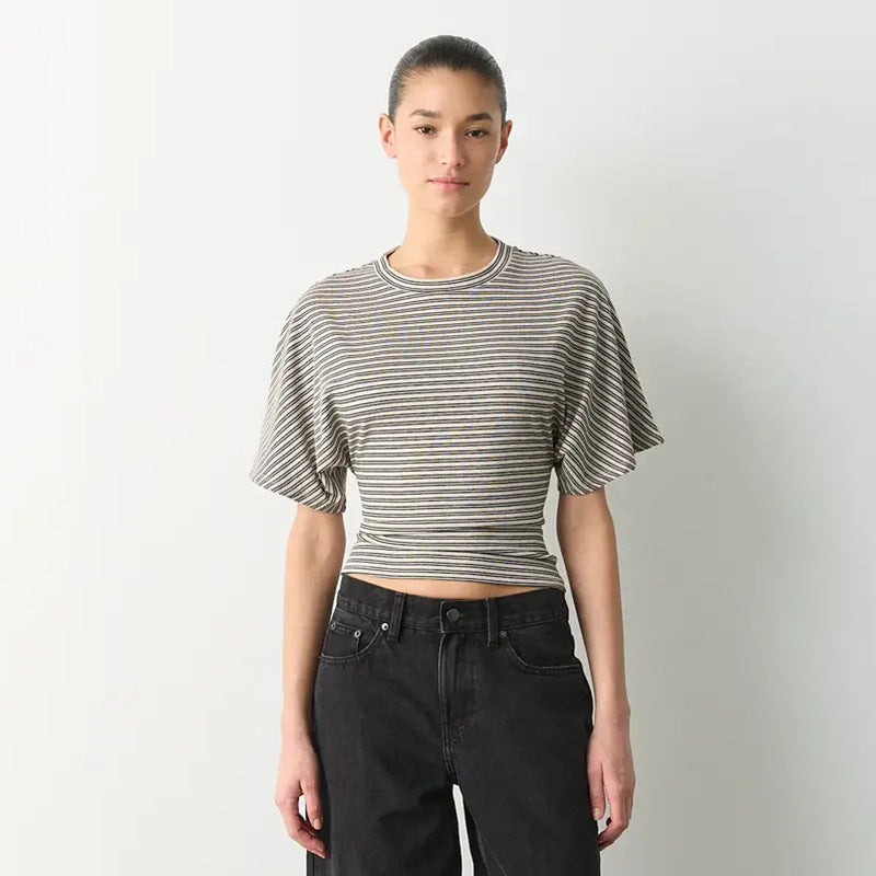 Damen modernes Kurzarm-Top mit lässigem Streifenmuster und elegantem Schnitt Drune