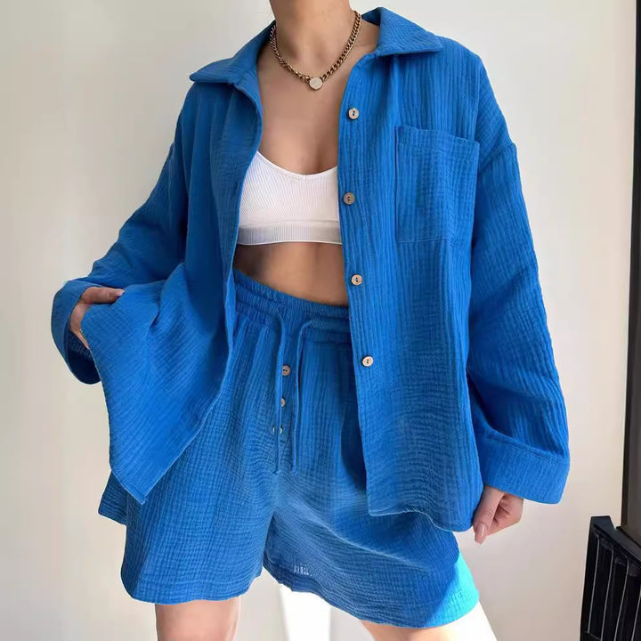 Damen lässige Overshirtjacke aus leichtem Material mit Holzknöpfen Drune