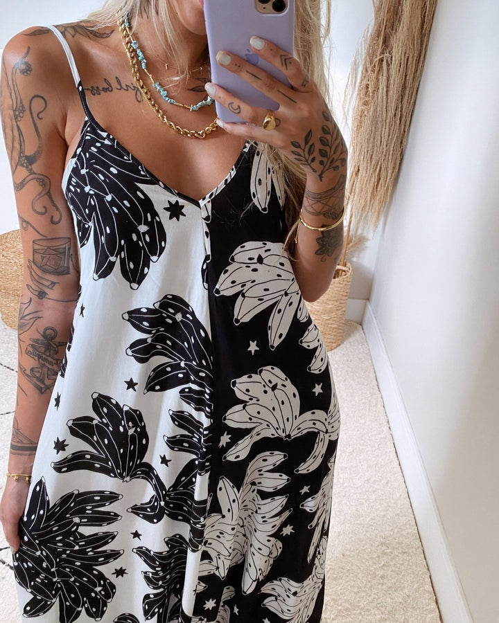 Damen Maxikleid mit floralem Muster und tiefem V-Ausschnitt Drune