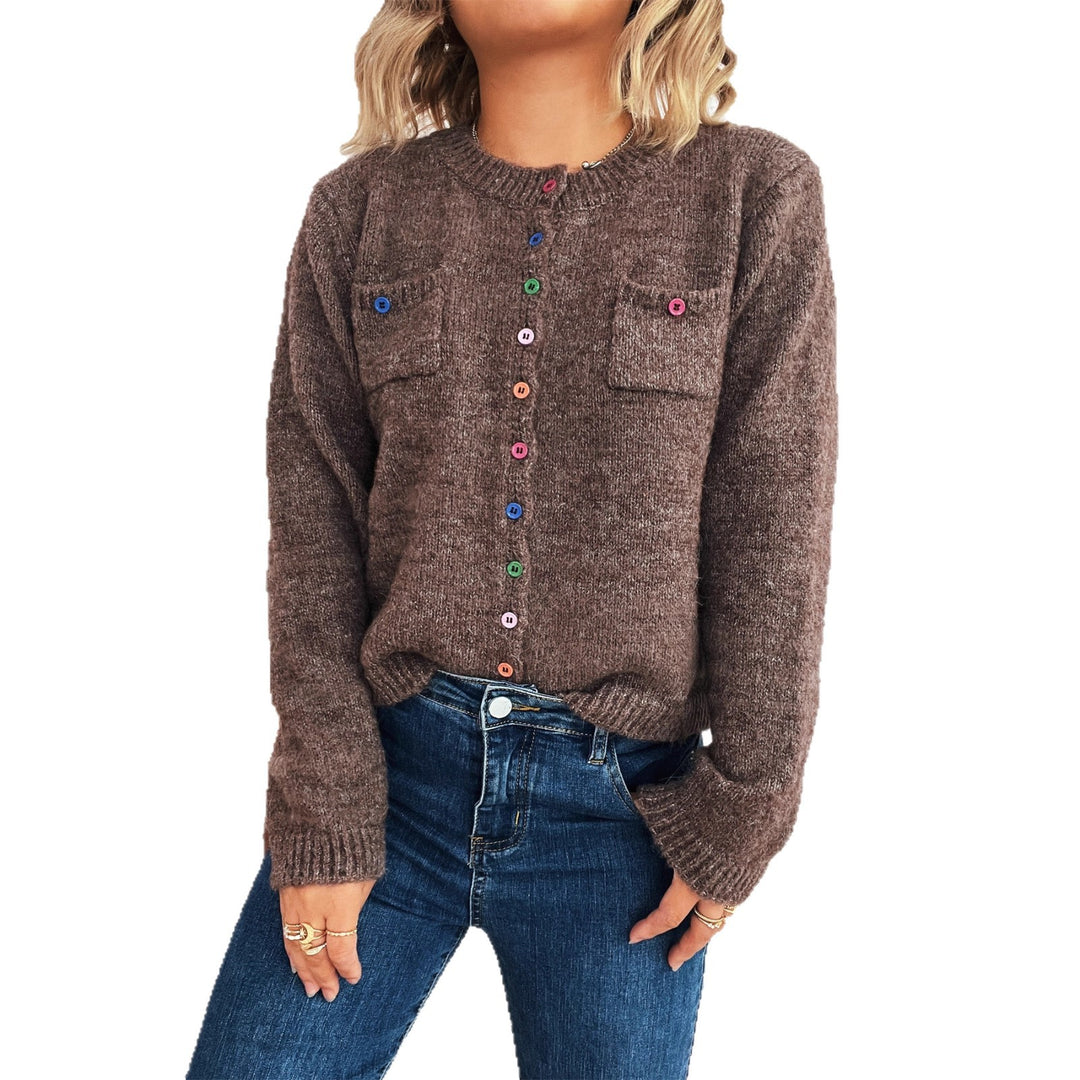 Damen kuschelige Strickjacke mit bunten Knöpfen und zwei Taschen Drune