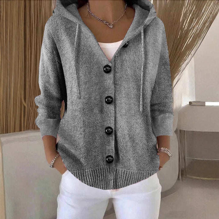 Damen lässige Strickjacke mit Kapuze und großen Knöpfen Drune