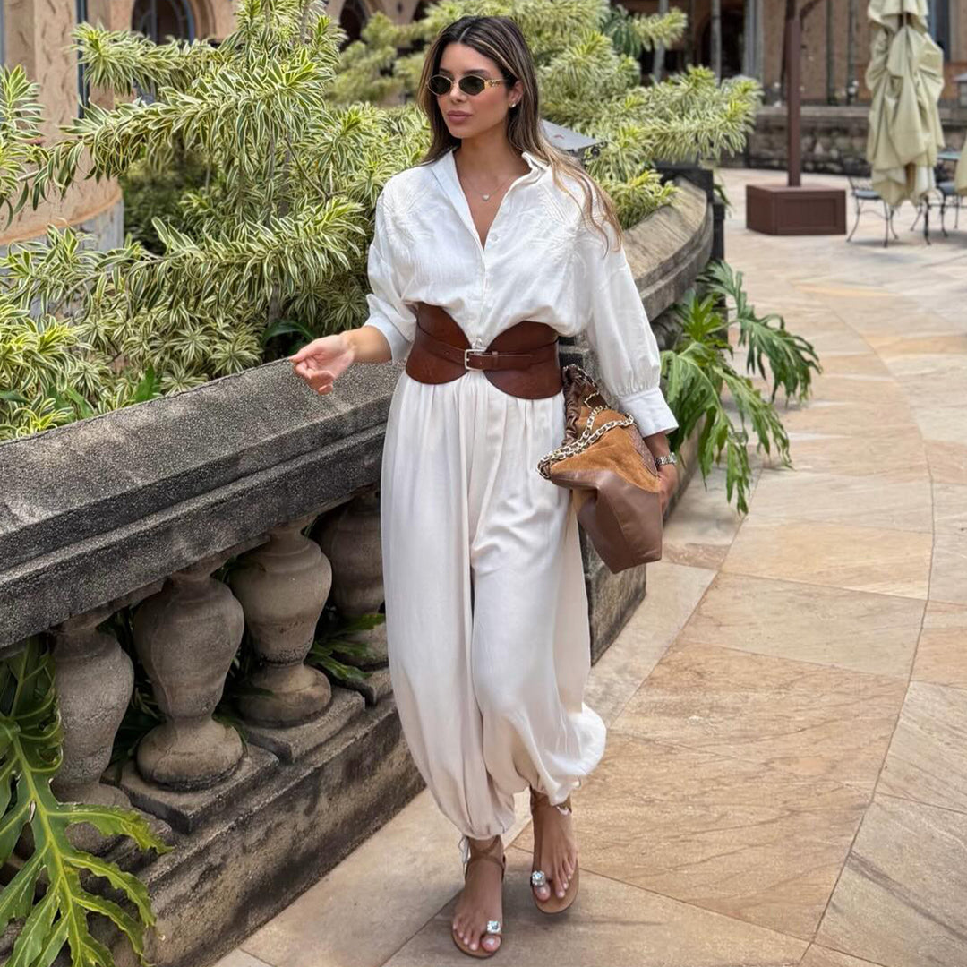 Damen voluminöser Jumpsuit mit eleganter Knopfbluse und Taillengürtel Drune