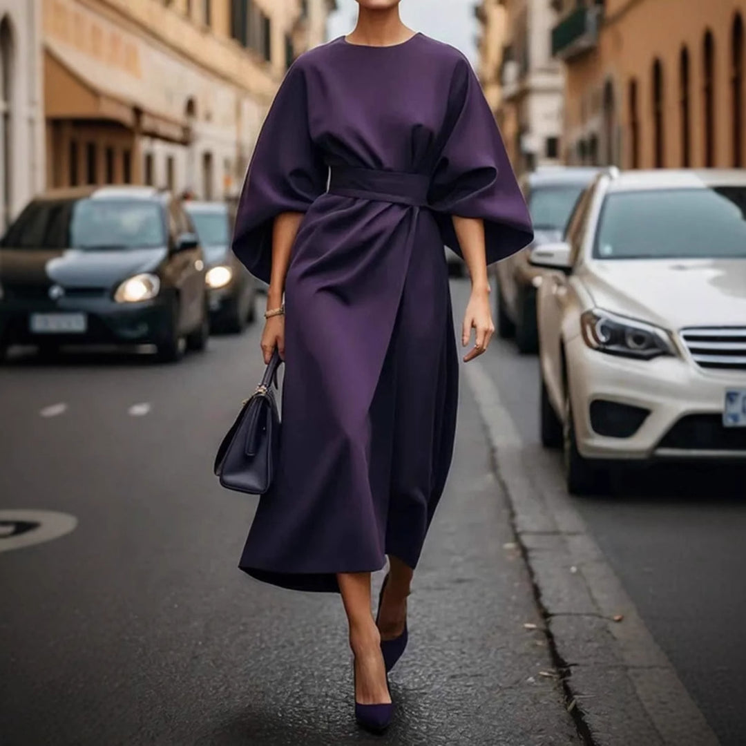 Damen elegantes Maxikleid mit oversized Ärmeln und tailliertem Gürtel Drune
