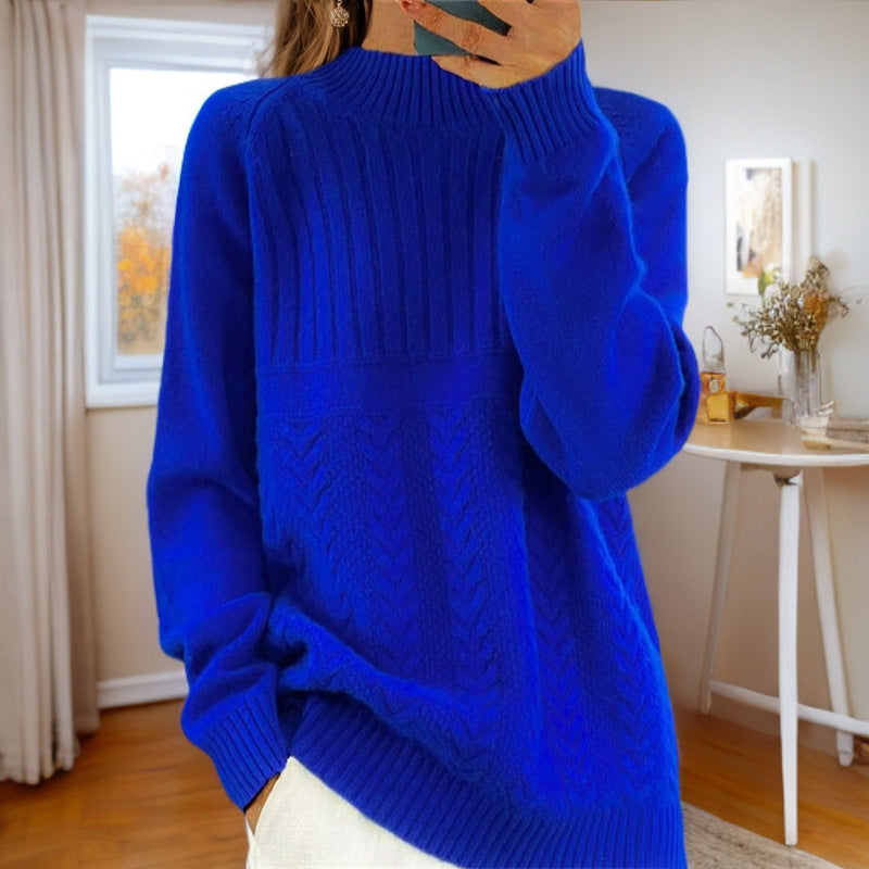 Damen Strickpullover mit kreativem Zopfmuster und hohem Kragen Drune