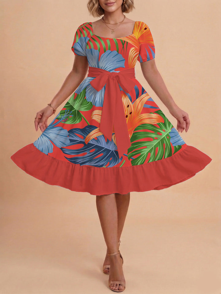 Damen elegantes Maxikleid mit floralem Design und Taillengürtel Drune
