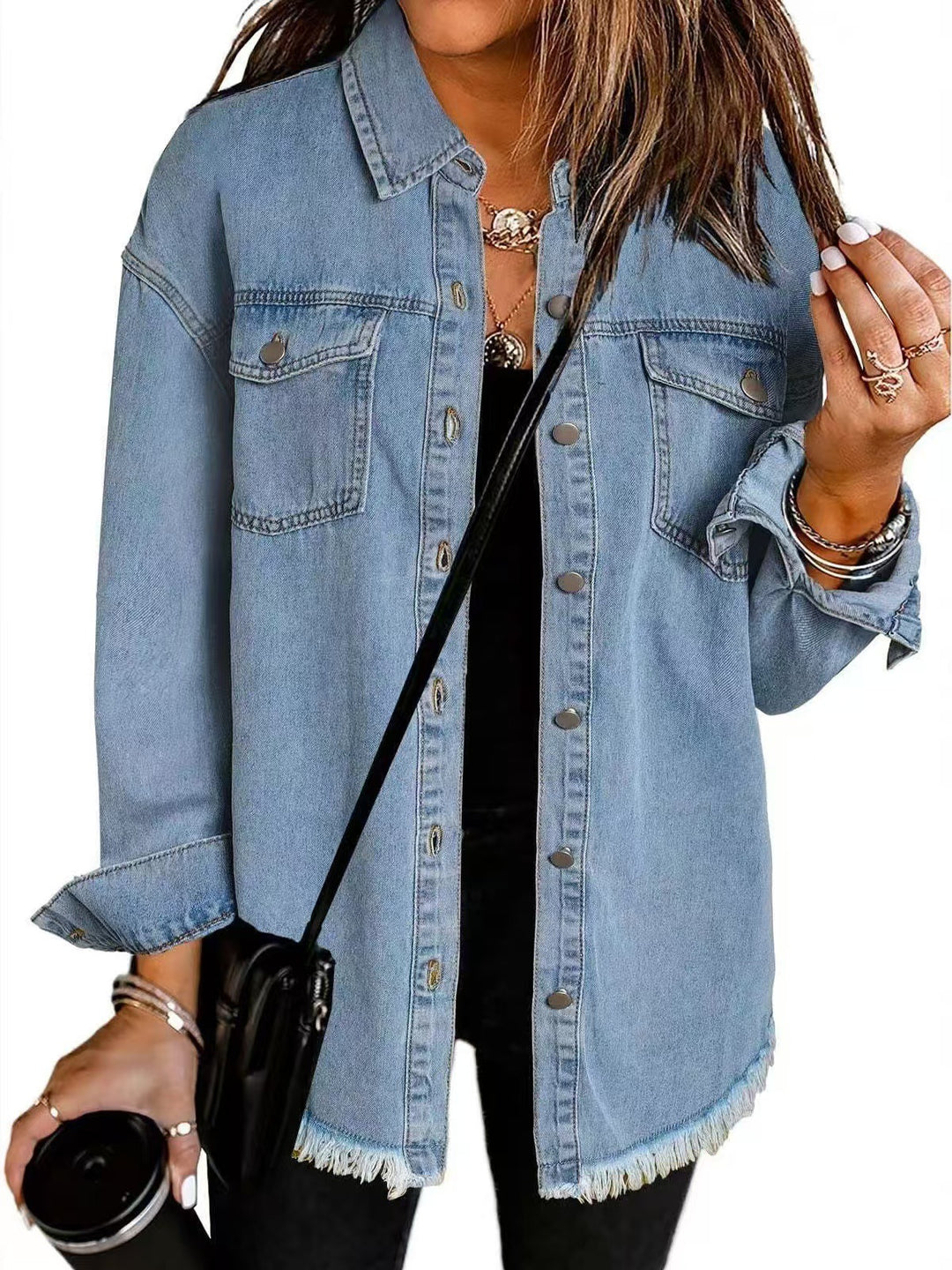 Damen Oversized Jeanshemd mit Fransen Drune