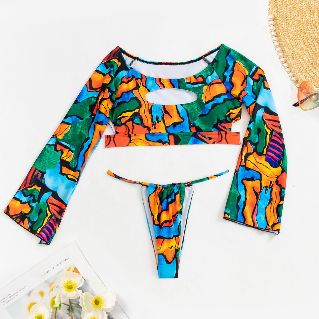 Damen Crop-Top Bikini mit langen Ärmeln und modischem Ausschnitt Drune
