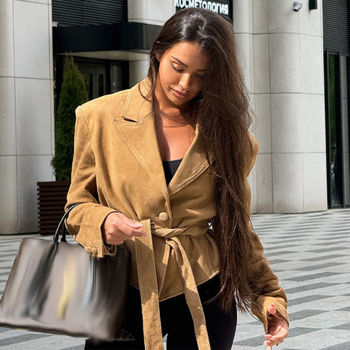 Damen Samt Blazer mit Taillengürtel Drune