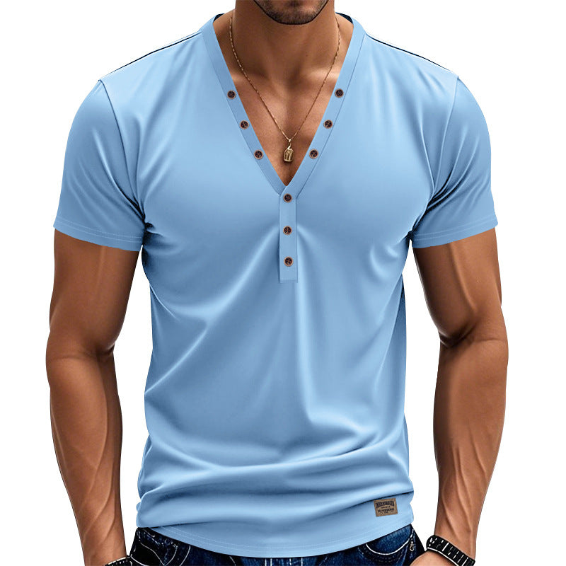 Herren nan tailliertes Kurzarm-Henleyshirt aus Baumwoll-Elasthan mit tiefem V-Ausschnitt und dekorativer Knopfleiste Drune