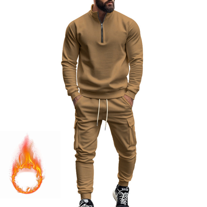 Herren nan sportives Cargo-Joggingset mit Halbzip-Stehkragen, wärmendem Fleece-Innenfutter und großzügigen Klapptaschen Drune