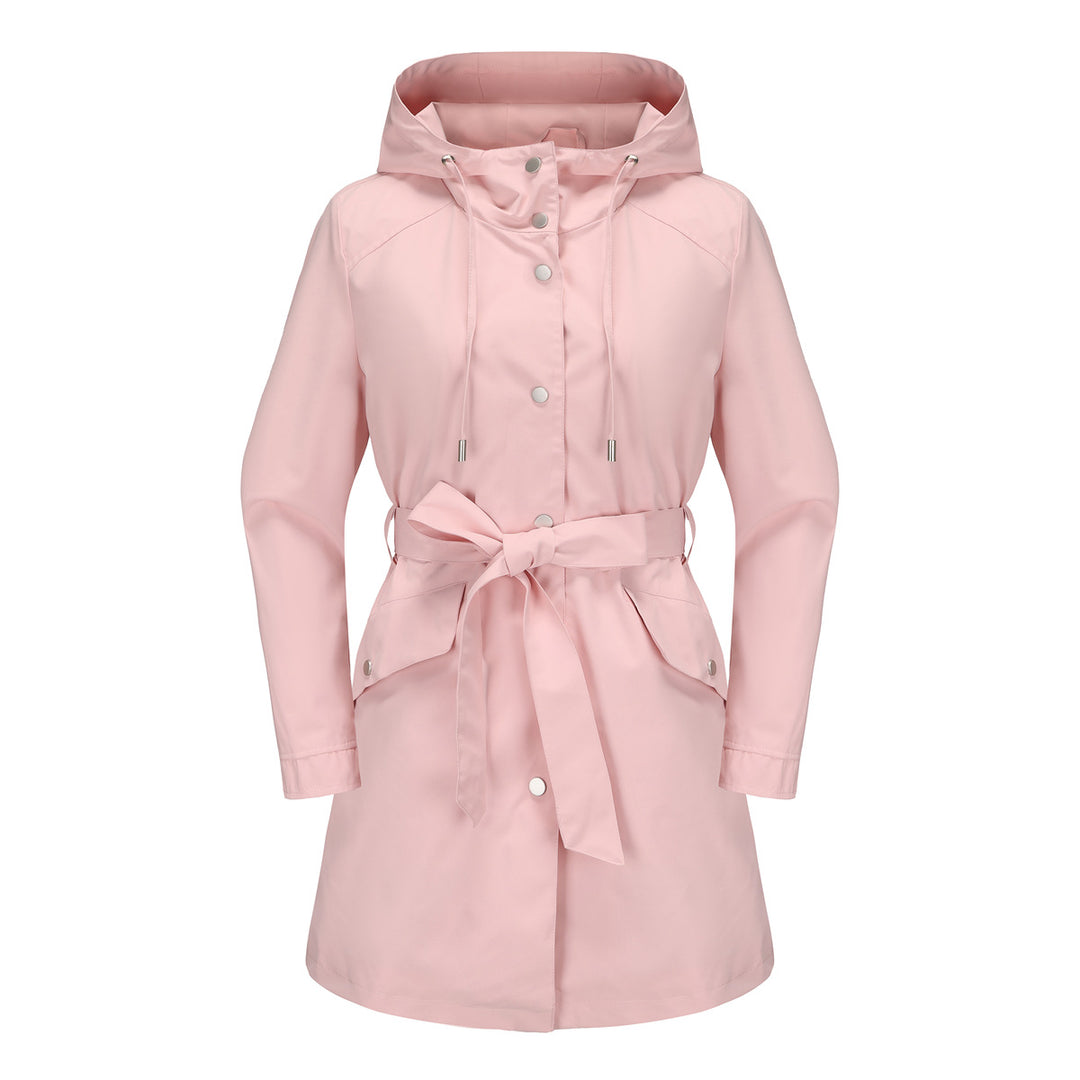 Damen wasserfeste Übergangsjacke mit verstellbarem Kapuzenkragen und Taillengürtel Drune