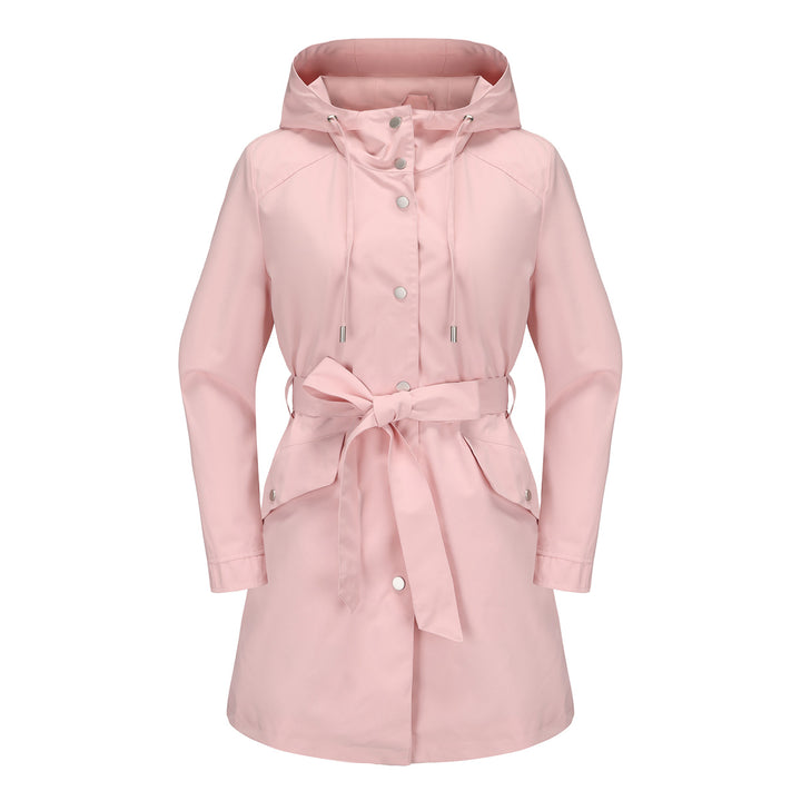 Damen wasserfeste Übergangsjacke mit verstellbarem Kapuzenkragen und Taillengürtel Drune