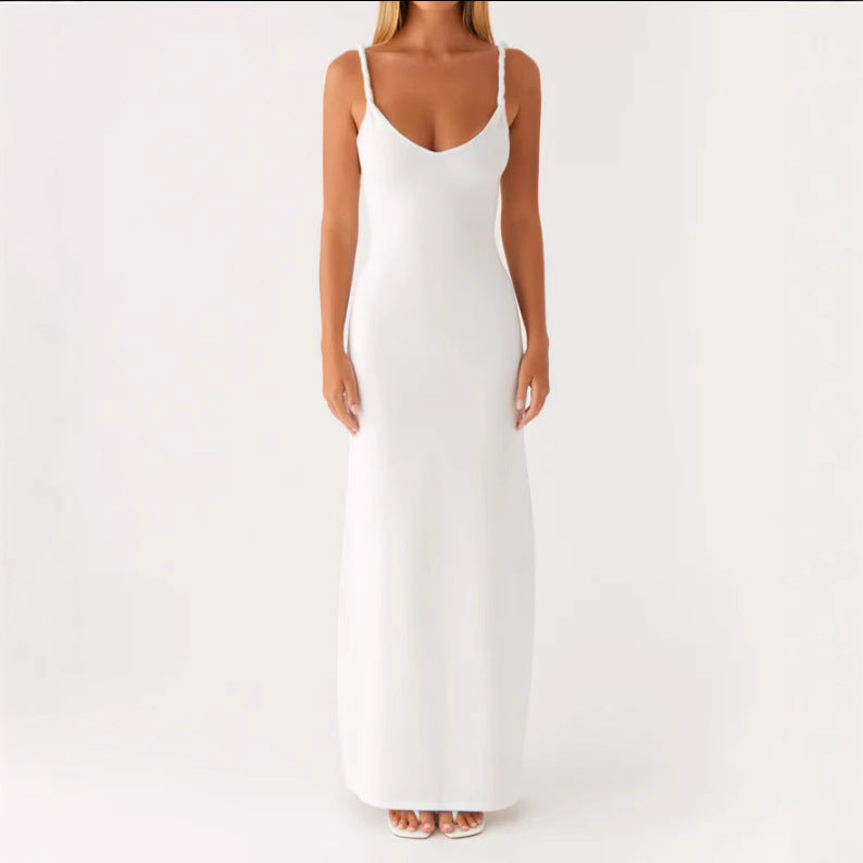 Damen Langarm-Maxikleid aus hochwertigem, elastischem Material mit tiefem V-Ausschnitt und eleganten Spaghetti-Trägern Drune