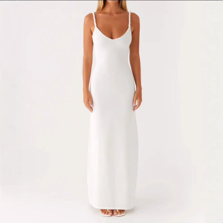 Damen Langarm-Maxikleid aus hochwertigem, elastischem Material mit tiefem V-Ausschnitt und eleganten Spaghetti-Trägern Drune