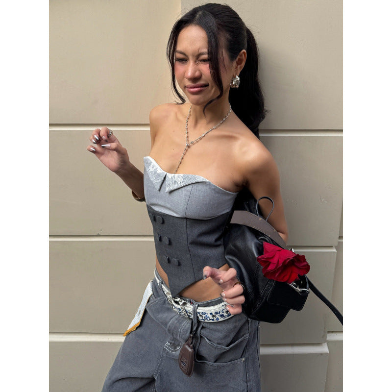 Damen Corsage mit Spitzenkragen und tailliertem Design Drune