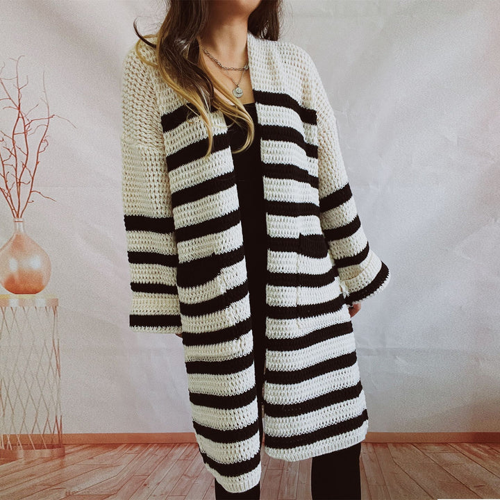 Damen lässige Strickjacke mit modernem Streifenmuster und offener Front Drune