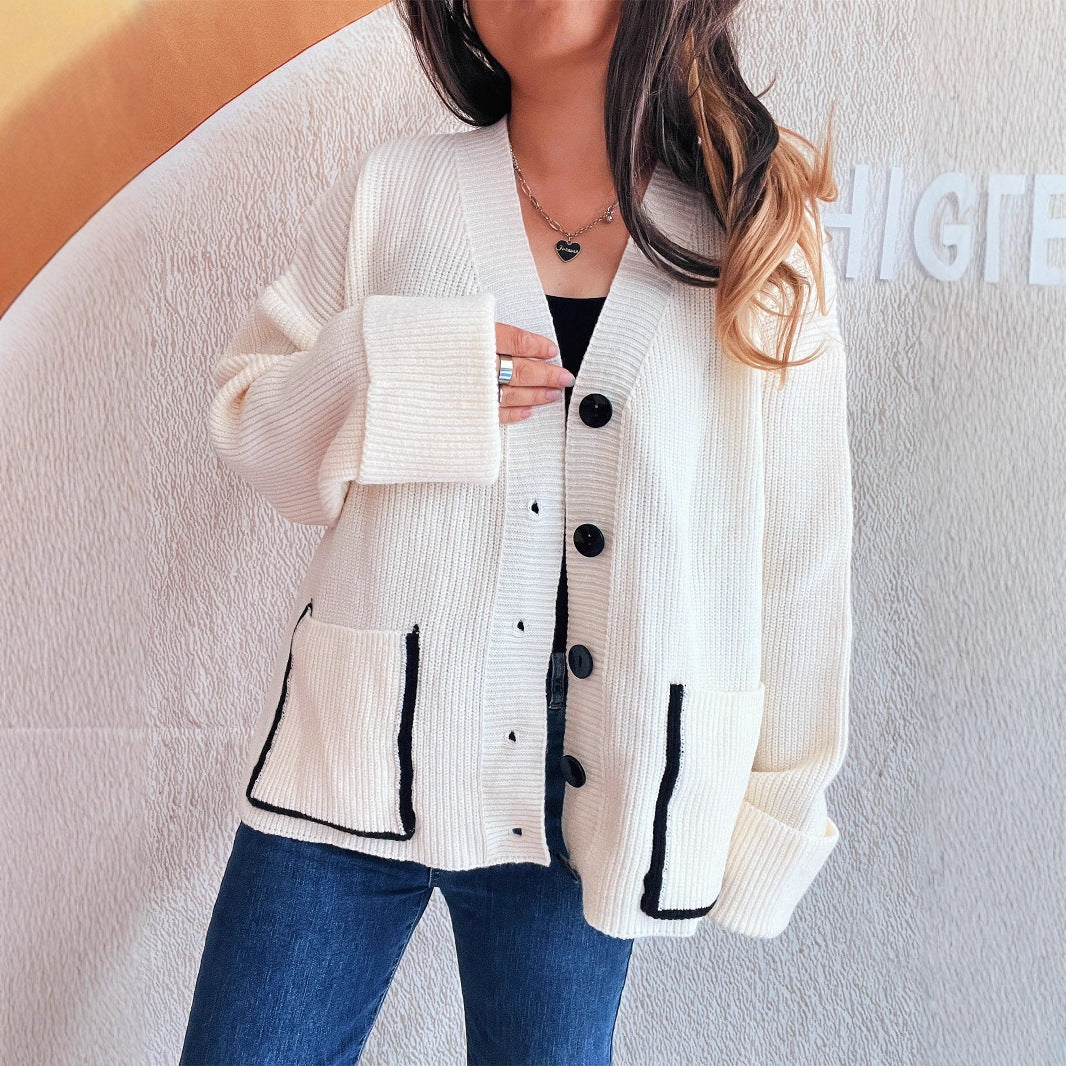 Damen weicher Strickcardigan mit tiefem V-Ausschnitt und großen Taschen Drune
