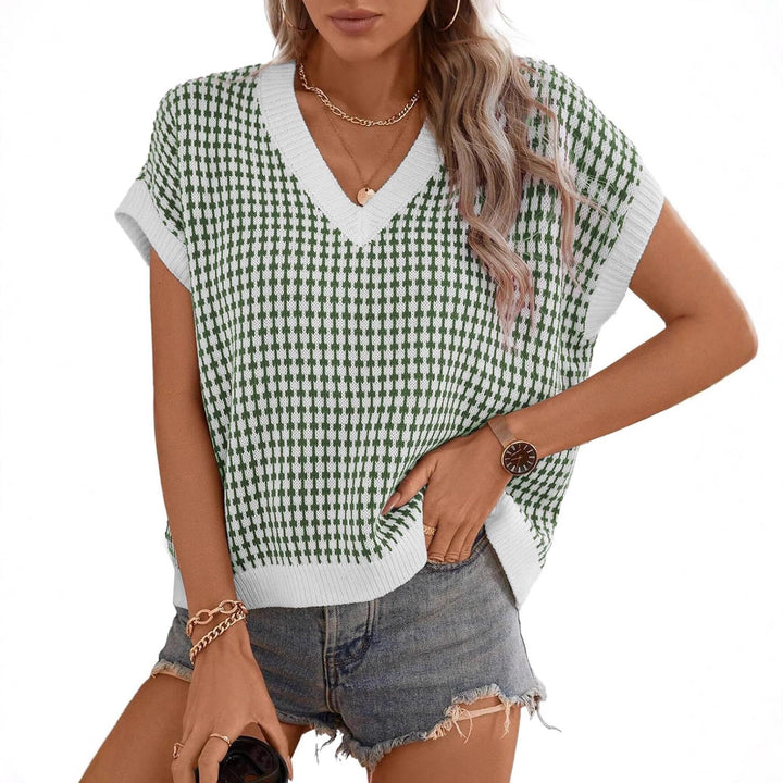 Damen Viskose Stricktop mit modernem Karomuster und V-Ausschnitt Drune