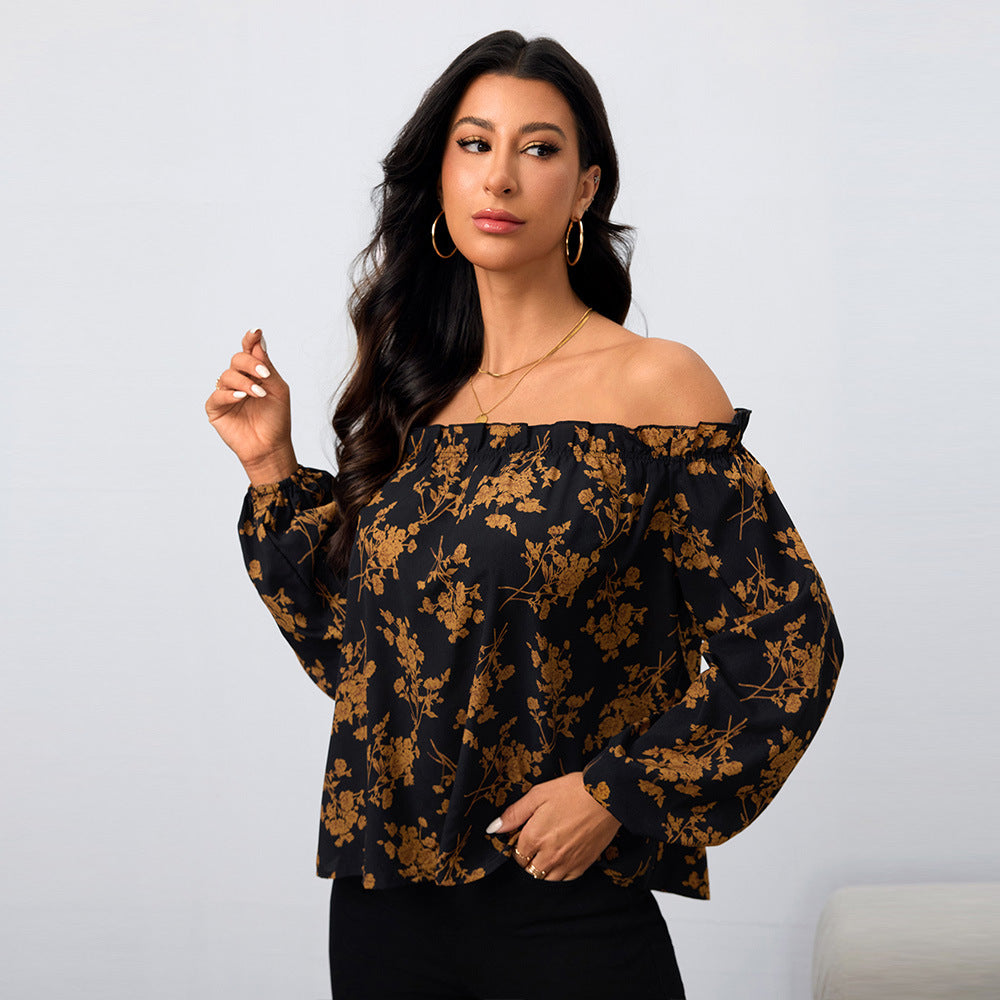 Damen Off-Shoulder Bluse mit floralen Mustern und elastischen Ärmeln Drune