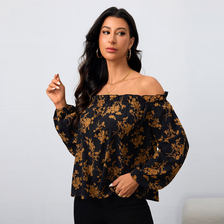 Damen Off-Shoulder Bluse mit floralen Mustern und elastischen Ärmeln Drune