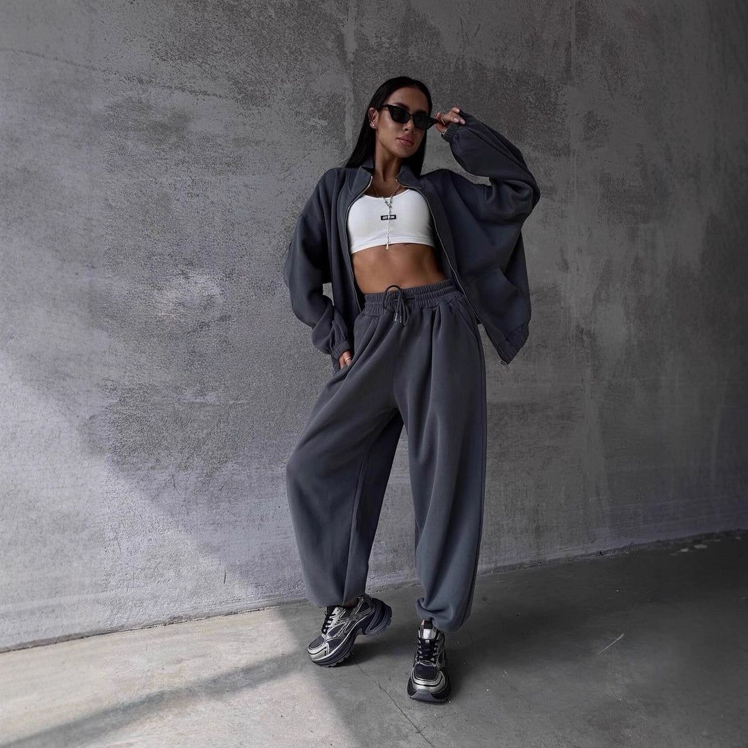 Damen Oversized lässiger Sportanzug mit Reißverschluss und elastischer Taille Drune