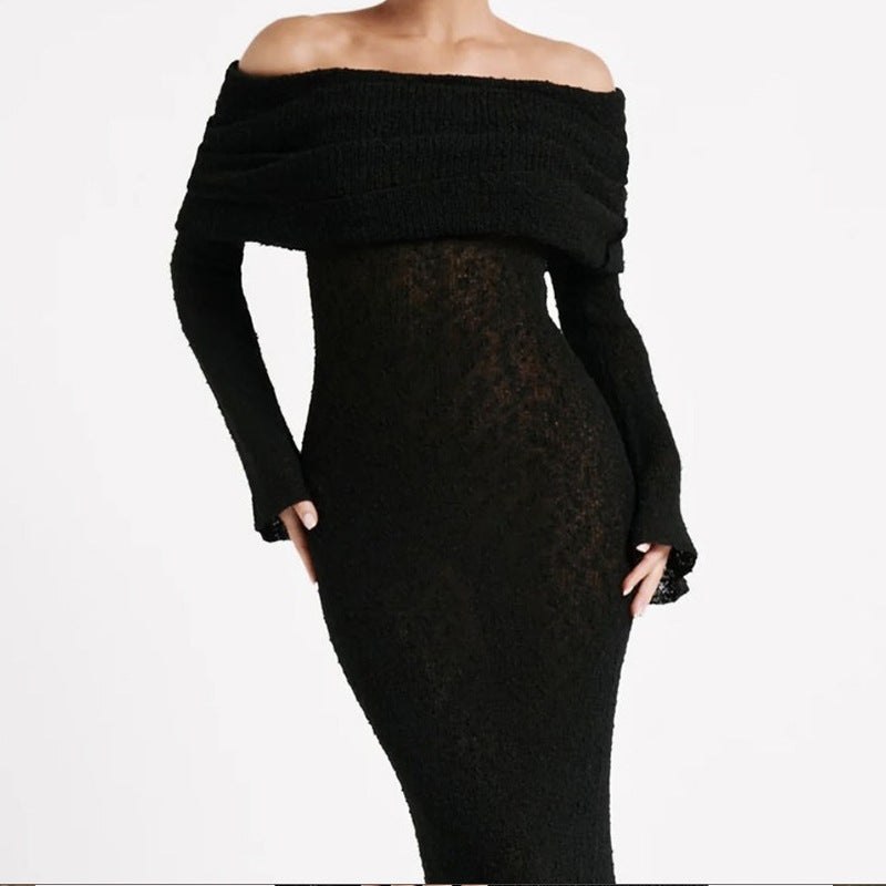 Damen Off-Shoulder Maxikleid mit langem Arm und elegantem Stoff Drune