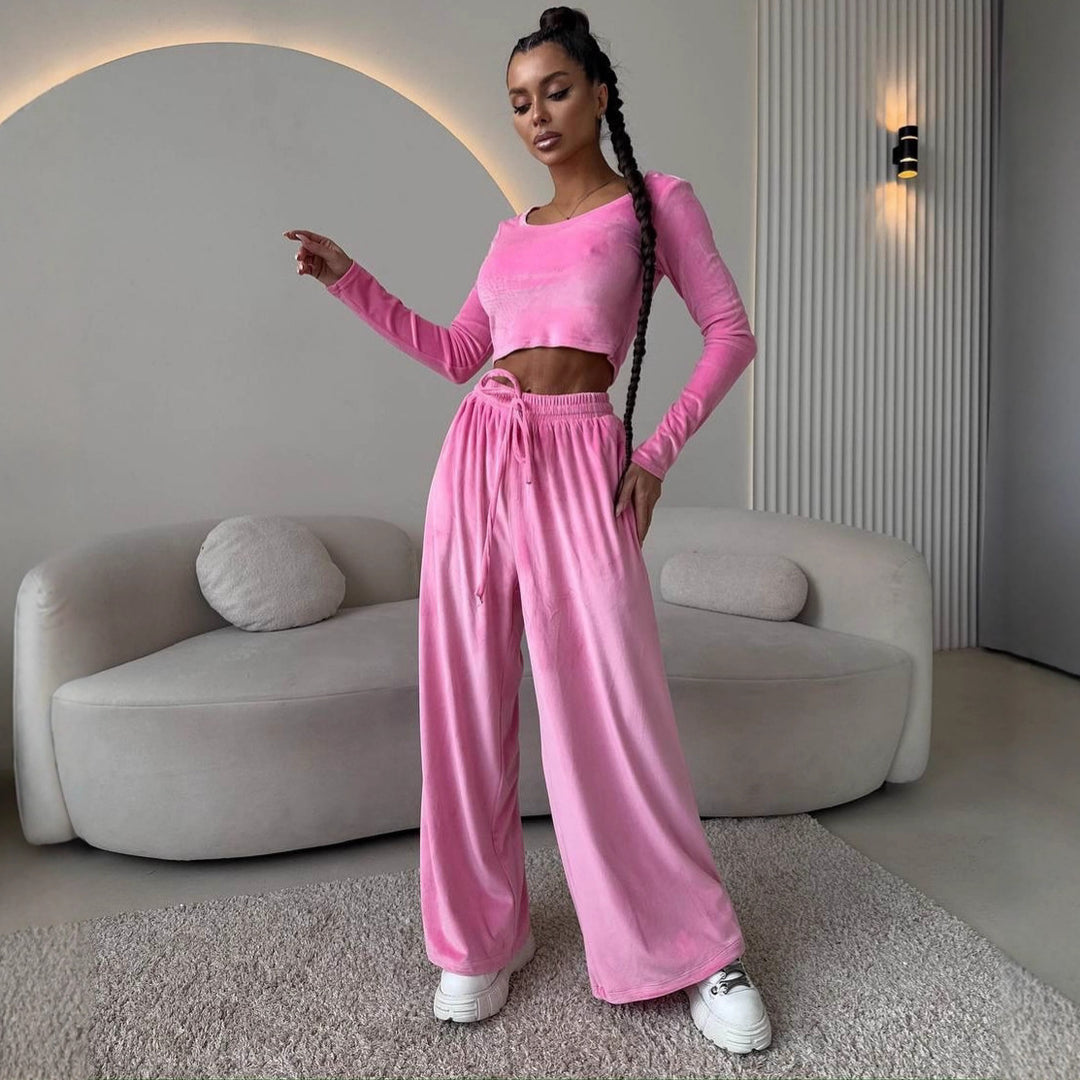 Damen Elegantes und bequemes Lounge-Set mit cropped Oberteil und weit geschnittenen Hosen Drune