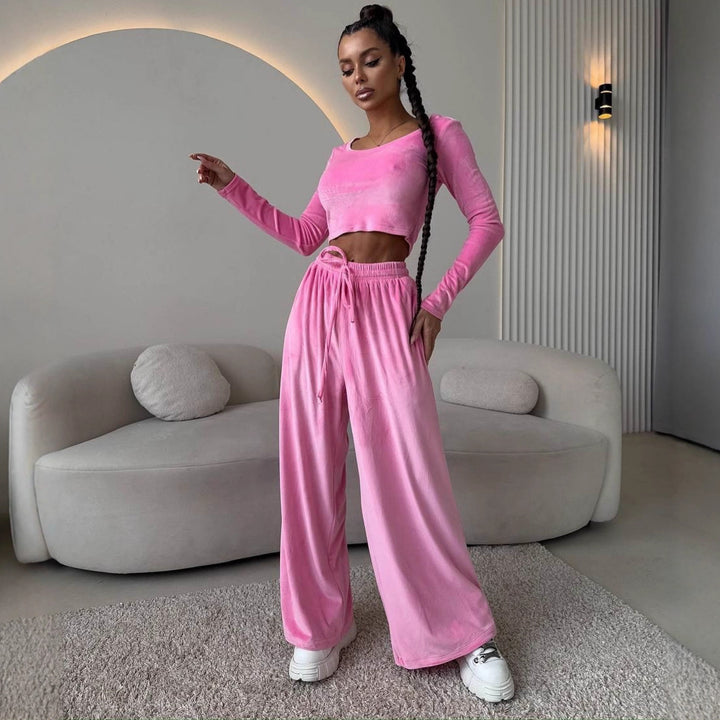 Damen Elegantes und bequemes Lounge-Set mit cropped Oberteil und weit geschnittenen Hosen Drune