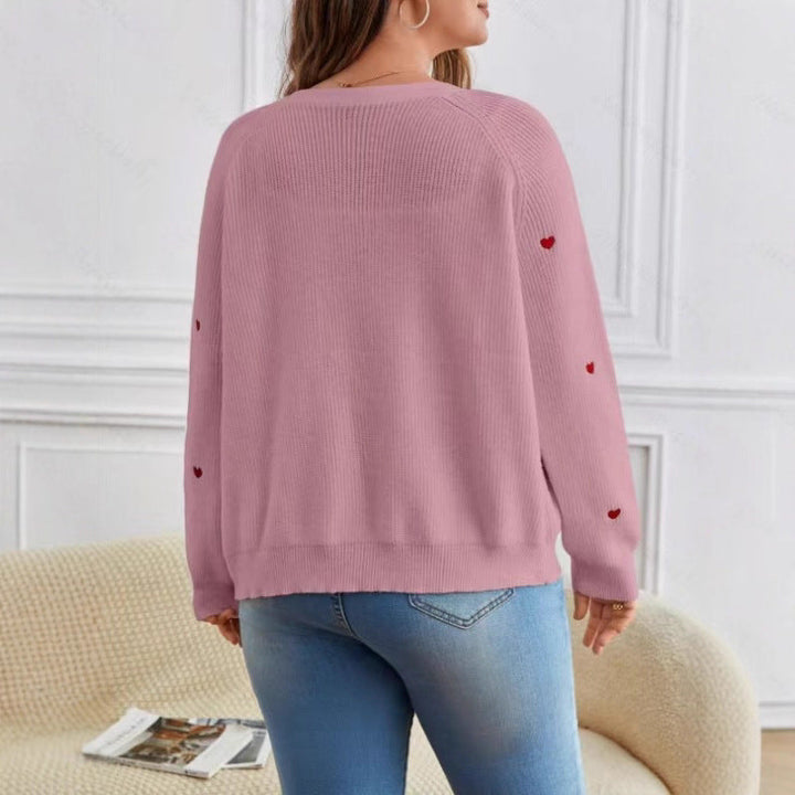 Damen lässige Strickjacke mit Herzapplikationen und tiefem V-Ausschnitt Drune