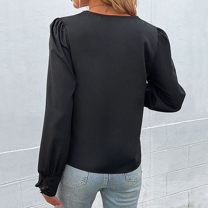 Damen elegante Bluse mit Spitzendetails und V-Ausschnitt Drune