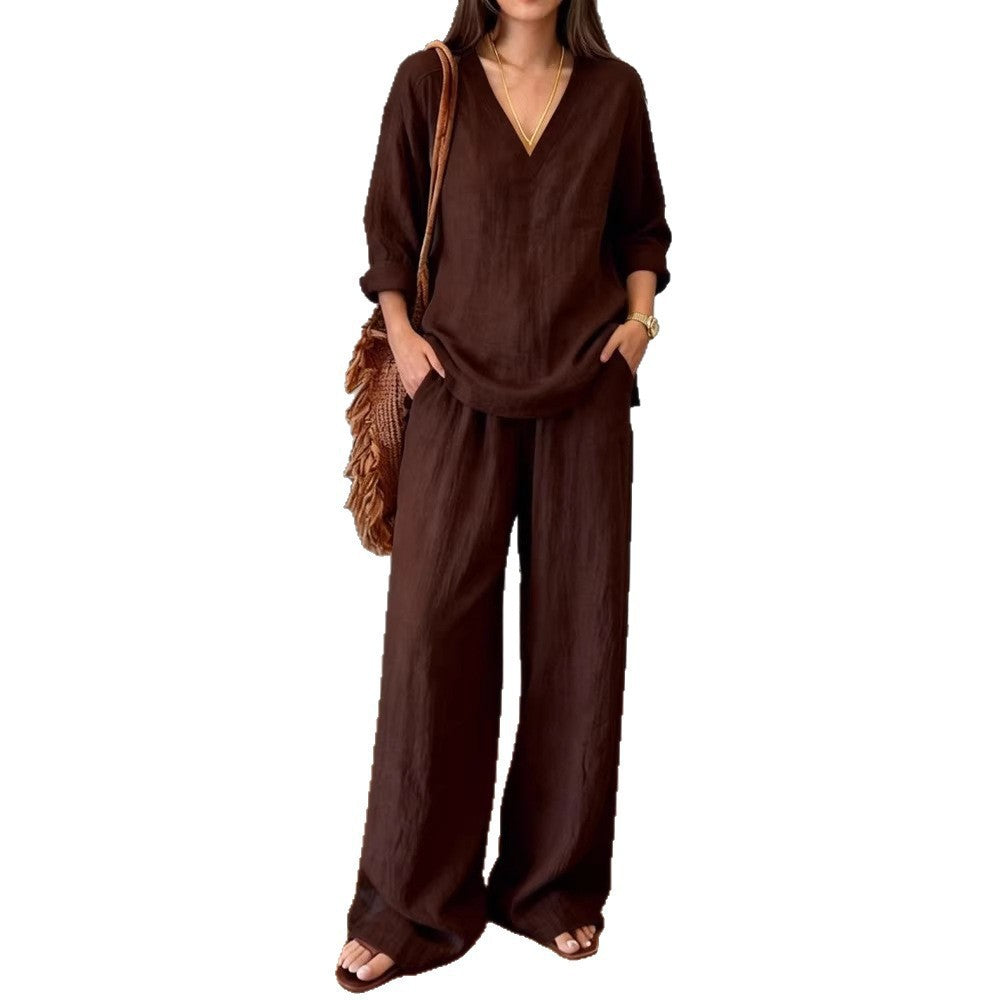 Damen Lässiges Leinenoberteil und weite Palazzo-Hosen Set Drune