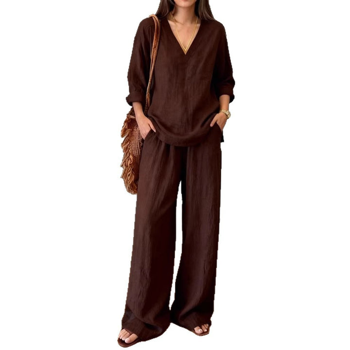 Damen Lässiges Leinenoberteil und weite Palazzo-Hosen Set Drune