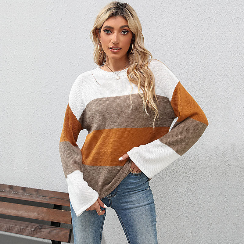 Damen lässiger Strickpullover mit kreativem Blockstreifenmuster Drune