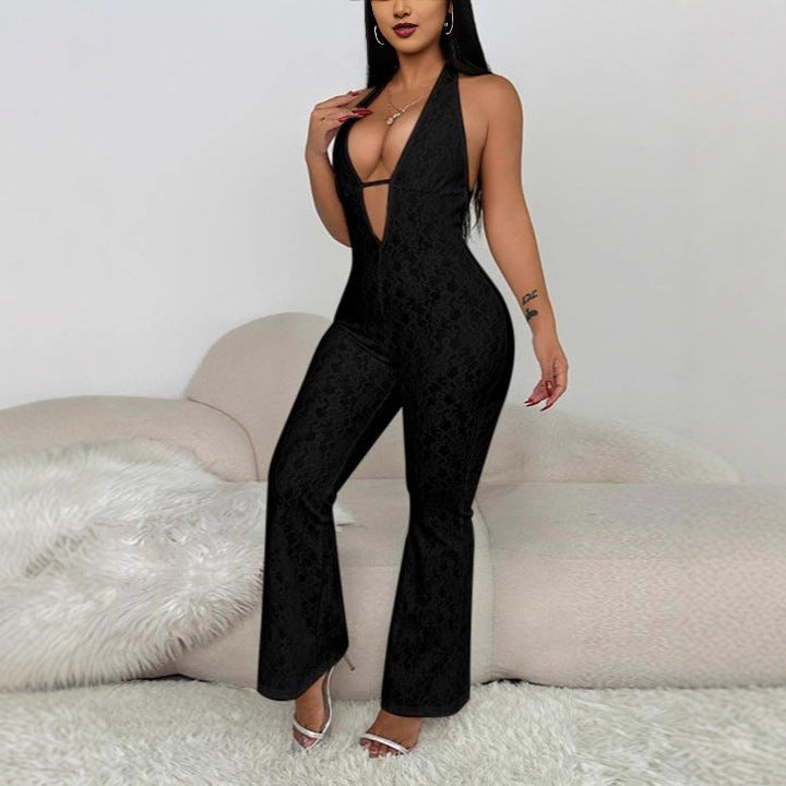Damen eleganter Jumpsuit mit tiefem V-Ausschnitt und Spitzendetails Drune
