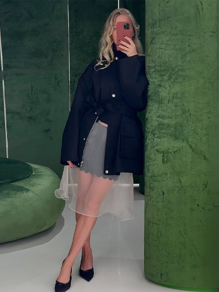 Damen Langer Trenchcoat mit breitem Kragen und taillierbarem Gürtel Drune