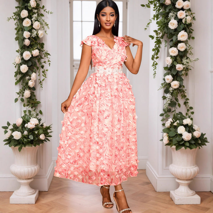 Damen Elegantes Maxikleid mit floralen Rüschen Drune