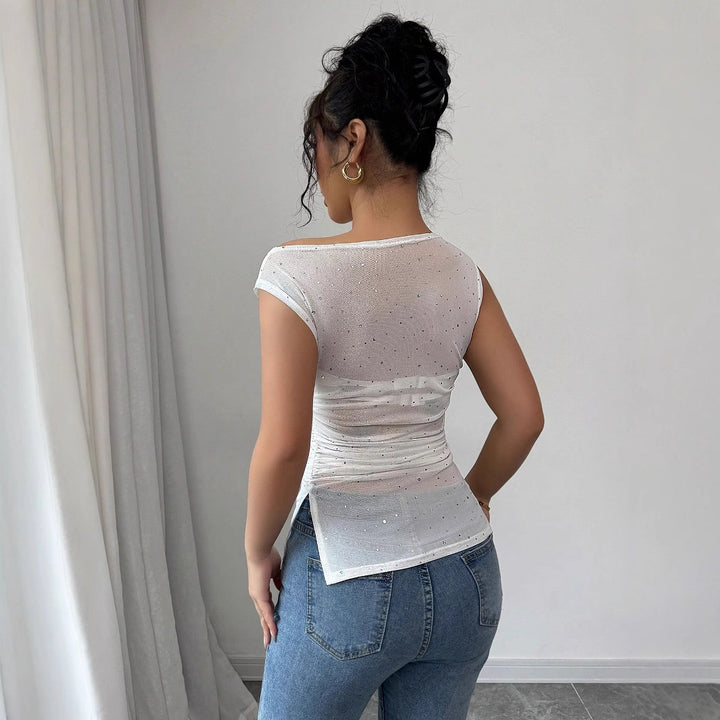 Damen nan figurbetontes Mesh-Top mit Strassbesatz, asymmetrischem Ausschnitt und Taillenraffung Drune